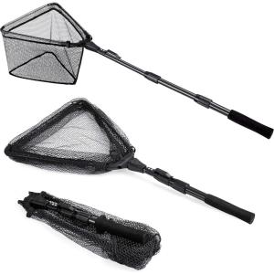 PLUSINNO Fishing Net Fish Floating Landing Net, Kayak Nets with Fixed Foldable Telescopic Pole Handle, Bass Trout Fishing Nets with Nylon Mesh for Pond Lake River, Fishing Gear Gifts for Men Anglers(19.7″/50cm Hoop Size 1.5M Black(Extendable))