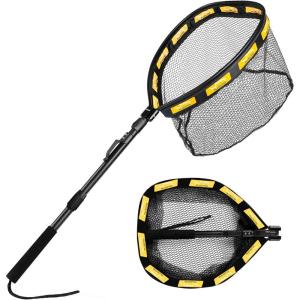 PLUSINNO Fishing Net Fish Floating Landing Net, Kayak Nets with Fixed Foldable Telescopic Pole Handle, Bass Trout Fishing Nets with Nylon Mesh for Pond Lake River, Fishing Gear Gifts for Men Anglers(19.7″/50cm Hoop Size 1.5M Orange(Extendable))