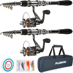 PLUSINNO Fishing Rod, Telescopic Fishing Rod and Reel Combo, Collapsible Travel Fishing Pole Rod Starter Kit, Carbon Fiber Fishing Rods and 12 +1 Bearings Stainless Steel, Fishing Gifts for Men Adults(2PACK Full Kit with Carrier Case)