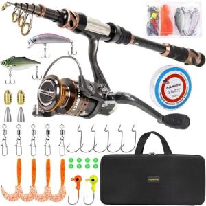 PLUSINNO Fishing Rod and Reel Combos – Carbon Fiber Telescopic Fishing Pole – Spinning Reel 12 +1 Shielded Bearings Stainless Steel BB(Full Kit with Carrier Case)