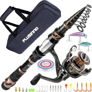 PLUSINNO Fishing Rod and Reel Combos – Carbon Fiber Telescopic Fishing Pole – Spinning Reel 12 +1 Shielded Bearings Stainless Steel BB(X-Full Kit With Carrier Bag)