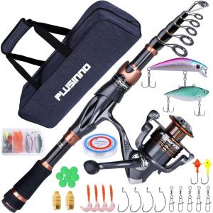 PLUSINNO Fishing Rod and Reel Combos, Bronze Warrior Toray IM6 Carbon Matrix Telescopic Fishing Rod Pole, 12 +1 Shielded Bearings Stainless Steel BB Spinning Reel, Travel Freshwater Fishing Gear(Full Kit with Carrier Case)