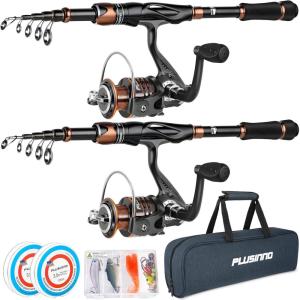 PLUSINNO Fishing Rod and Reel Combos, Bronze Warrior Toray IM6 Carbon Matrix Telescopic Fishing Rod Pole, 12 +1 Shielded Bearings Stainless Steel BB Spinning Reel, Travel Freshwater Fishing Gear(2PACK Full Kit with Carrier Case)