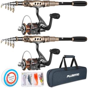 PLUSINNO Fishing Rod and Reel Combos Carbon Fiber Telescopic Fishing Pole with Reel Combo Sea Saltwater Freshwater Kit Fishing Rod Kit(2PACK Full Kit with Carrier Case)