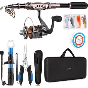 PLUSINNO Fishing Rod and Reel Combos Carbon Fiber Telescopic Fishing Pole with Reel Combo Sea Saltwater Freshwater Kit Fishing Rod Kit(Full Kit with Fishing Tools)