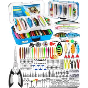 PLUSINNO Fishing Tackle Box with Tackle Included, 373PCS Fishing Lures Kit with Removable Tray, Fishing Gear with Pliers, Weights, Hooks, Accessories, Fishing Tackle Lure Kit Gifts for Men Bass Trout(Blue 373 PCS Lures Box)