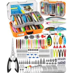 PLUSINNO Fishing Tackle Box with Tackle Included, 373PCS Fishing Lures Kit with Removable Tray, Fishing Gear with Pliers, Weights, Hooks, Accessories, Fishing Tackle Lure Kit Gifts for Men Bass Trout(Orange 373 PCS Lures Box)