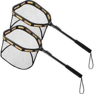 PLUSINNO Floating Fishing Net for Steelhead, Salmon, Fly, Kayak, Catfish, Bass, Trout Fishing, Rubber Coated Foldable Landing Net with Fixed or Telescoping Pole Handle, Fishing Gear and Gifts for Men(2 Pack – 0.8M Orange)