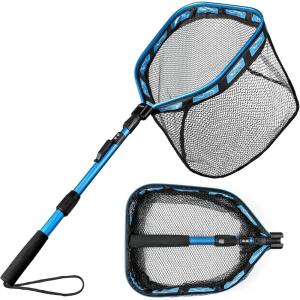 PLUSINNO Floating Fishing Net for Steelhead, Salmon, Fly, Kayak, Catfish, Bass, Trout Fishing, Rubber Coated Foldable Landing Net with Fixed or Telescoping Pole Handle, Fishing Gear and Gifts for Men(11.8″/30cm Hoop Size 1.0M Blue Pole (Telescopic Pole))