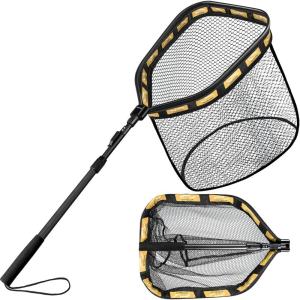 PLUSINNO Floating Fishing Net for Steelhead, Salmon, Fly, Kayak, Catfish, Bass, Trout Fishing, Rubber Coated Foldable Landing Net with Fixed or Telescoping Pole Handle, Fishing Gear and Gifts for Men(19.7″/50cm Hoop Size length 1.5M Orange (Telescopic Pole))