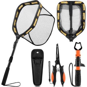 PLUSINNO Floating Fishing Net for Steelhead, Salmon, Fly, Kayak, Catfish, Bass, Trout Fishing, Rubber Coated Foldable Landing Net with Fixed or Telescoping Pole Handle, Fishing Gear and Gifts for Men(11.8″/30cm Hoop Size 1.0M Orange (Telescopic) With Accessory)