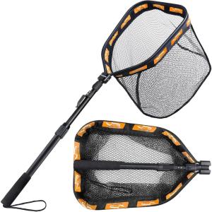 PLUSINNO Floating Fishing Net for Steelhead, Salmon, Fly, Kayak, Catfish, Bass, Trout Fishing, Rubber Coated Foldable Landing Net with Fixed or Telescoping Pole Handle, Fishing Gear and Gifts for Men(19.7″/50cm Hoop Size length 1.35M Orange (Telescopic Pole))