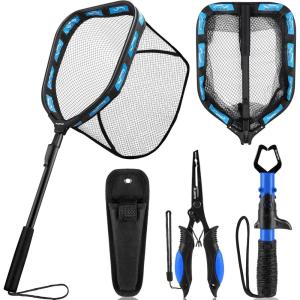 PLUSINNO Floating Fishing Net for Steelhead, Salmon, Fly, Kayak, Catfish, Bass, Trout Fishing, Rubber Coated Foldable Landing Net with Fixed or Telescoping Pole Handle, Fishing Gear and Gifts for Men(11.8″/30cm Hoop Size 0.8M Blue (Fixed Pole)With Accessory)