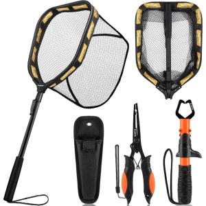 PLUSINNO Floating Fishing Net for Steelhead, Salmon, Fly, Kayak, Catfish, Bass, Trout Fishing, Rubber Coated Foldable Landing Net with Fixed or Telescoping Pole Handle, Fishing Gear and Gifts for Men(11.8″/30cm Hoop Size 0.8M Orange (Fixed Pole)With Accessory)