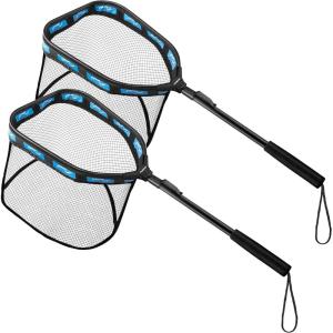 PLUSINNO Floating Fishing Net for Steelhead, Salmon, Fly, Kayak, Catfish, Bass, Trout Fishing, Rubber Coated Foldable Landing Net with Fixed or Telescoping Pole Handle, Fishing Gear and Gifts for Men(2 Pack – 0.8M Blue)
