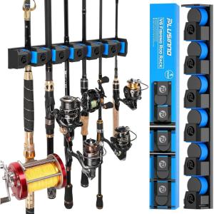 PLUSINNO Vertical Fishing Rod Holder, Wall Mounted Fishing Rod Rack, Fishing Pole Holder Holds Up to 9 Rods or Combos, Fishing Rod Holders for Garage, Fishing Gear and Gifts for Men(Upgraded 1pack (Support Heavy rod combos))