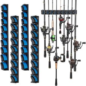 PLUSINNO Vertical Fishing Rod Holder, Wall Mounted Fishing Rod Rack, Fishing Pole Holder Holds Up to 9 Rods or Combos, Fishing Rod Holders for Garage, Fishing Gear and Gifts for Men(Blue 4-pack (store 36 combos))