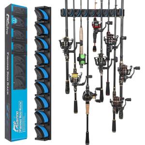 PLUSINNO Vertical Fishing Rod Holder, Wall Mounted Fishing Rod Rack, Fishing Pole Holder Holds Up to 9 Rods or Combos, Fishing Rod Holders for Garage, Fishing Gear and Gifts for Men(Blue 1-pack (store 9 combos))