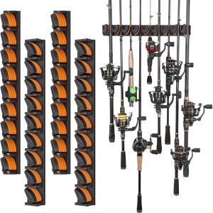PLUSINNO Vertical Fishing Rod Holder, Wall Mounted Fishing Rod Rack, Fishing Pole Holder Holds Up to 9 Rods or Combos, Fishing Rod Holders for Garage, Fishing Gear and Gifts for Men(Orange 4-pack (store 36 combos))