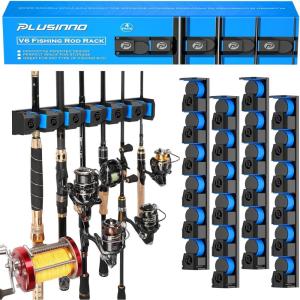 PLUSINNO Vertical Fishing Rod Holder, Wall Mounted Fishing Rod Rack, Fishing Pole Holder Holds Up to 9 Rods or Combos, Fishing Rod Holders for Garage, Fishing Gear and Gifts for Men(Upgraded 4pack (Support Heavy rod combos))