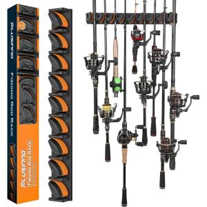 PLUSINNO Vertical Fishing Rod Holder, Wall Mounted Fishing Rod Rack, Fishing Pole Holder Holds Up to 9 Rods or Combos, Fishing Rod Holders for Garage, Fishing Gear and Gifts for Men(Orange 1-pack (store 9 combos))