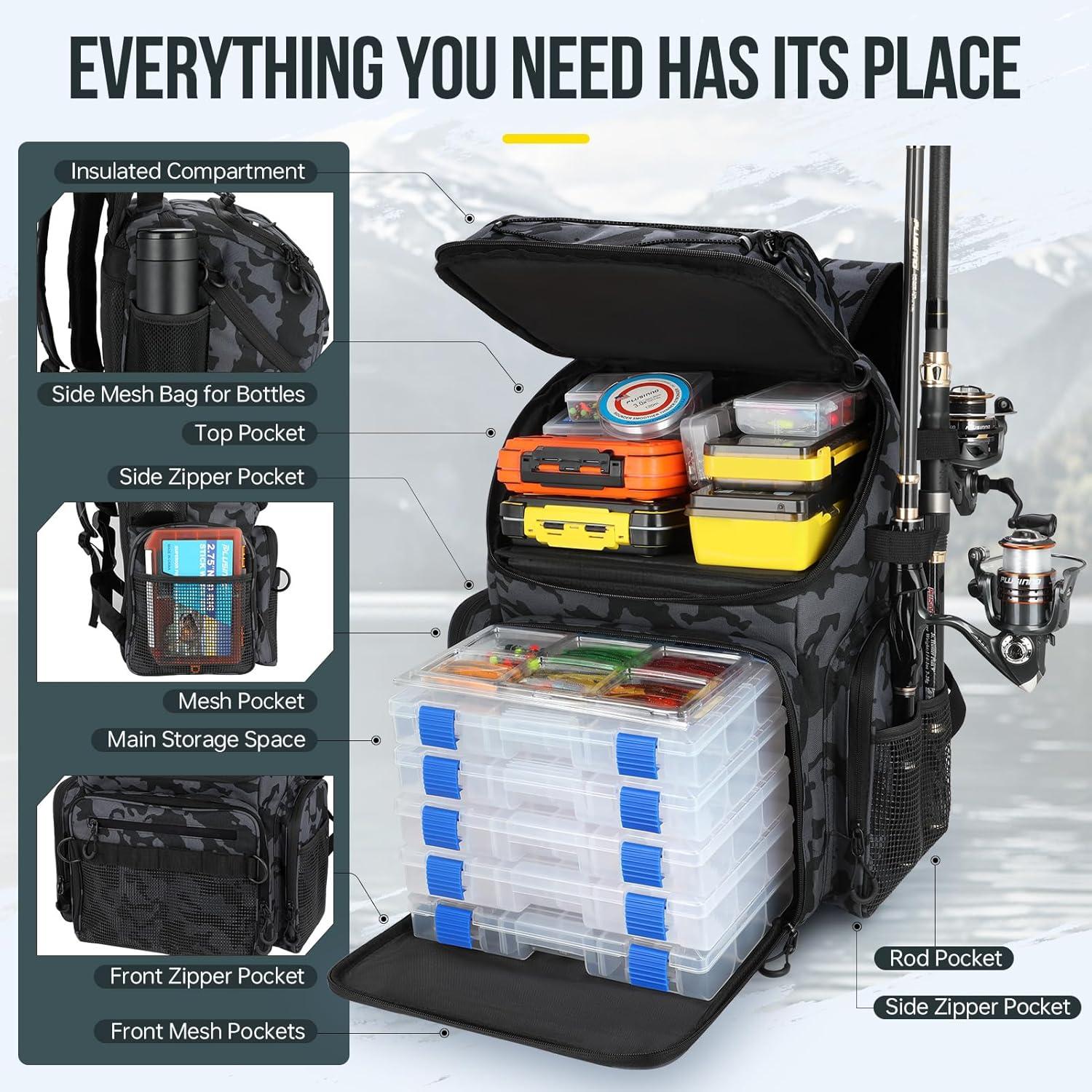 image:imagePLUSINNO Cooler Fishing Backpack with Rod Holders 45L Large Waterresistant Fishing Tackle bag Store Fishing Gear Fishing Gifts for Men Father Sport BagsBlack Camo with box