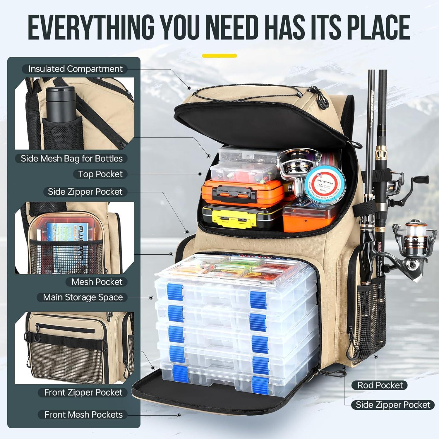 image:imagePLUSINNO Cooler Fishing Backpack with Rod Holders 45L Large Waterresistant Fishing Tackle bag Store Fishing Gear Fishing Gifts for Men Father Sport BagsKhaki with box