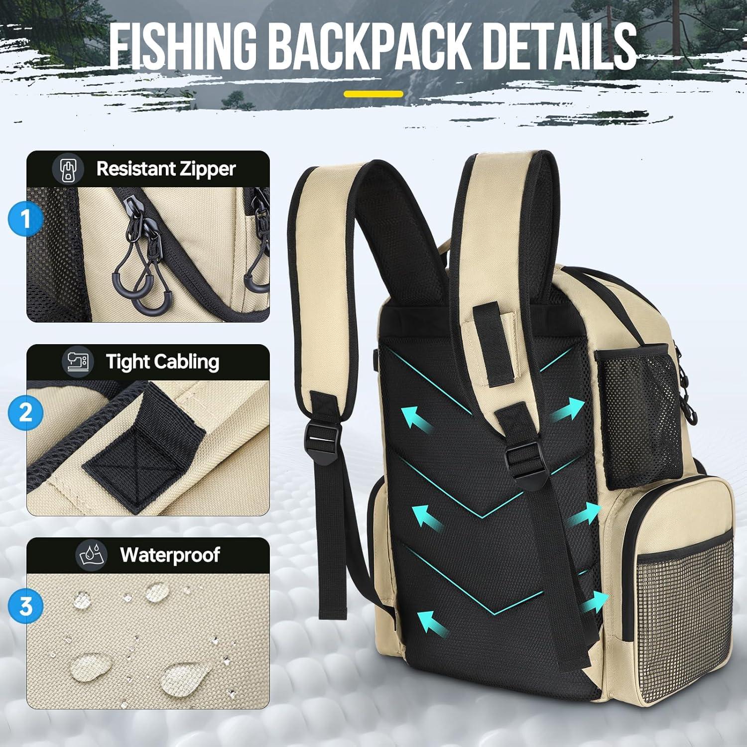 image:imagePLUSINNO Cooler Fishing Backpack with Rod Holders 45L Large Waterresistant Fishing Tackle bag Store Fishing Gear Fishing Gifts for Men Father Sport BagsKhaki with box