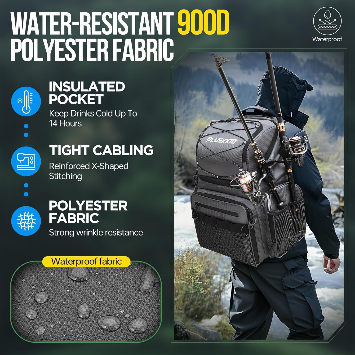 image:imagePLUSINNO Cooler Fishing Backpack with Rod Holders 45L Large Waterresistant Fishing Tackle bag Store Fishing Gear Fishing Gifts for Men Father Sport BagsGrey jacquard