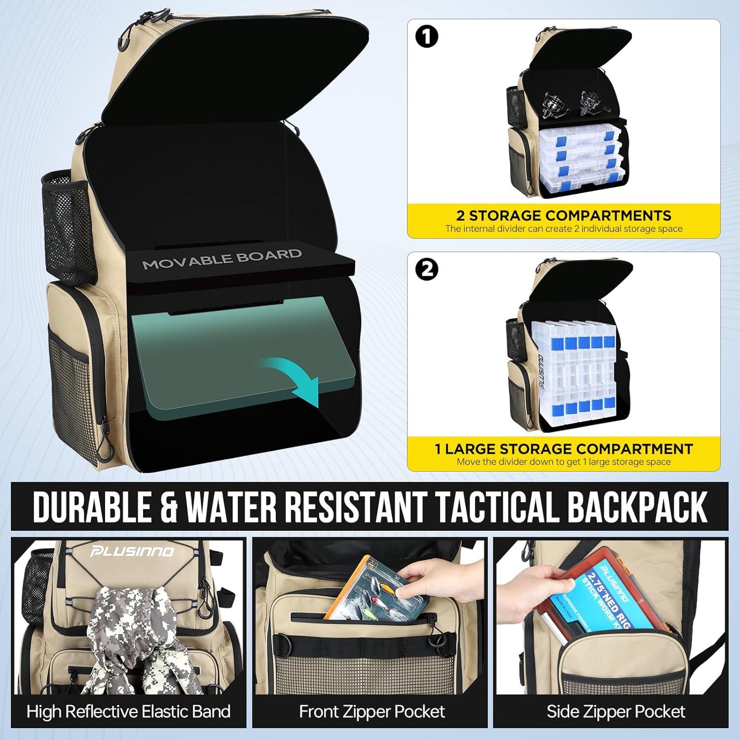 image:imagePLUSINNO Cooler Fishing Backpack with Rod Holders 45L Large Waterresistant Fishing Tackle bag Store Fishing Gear Fishing Gifts for Men Father Sport BagsKhaki with box