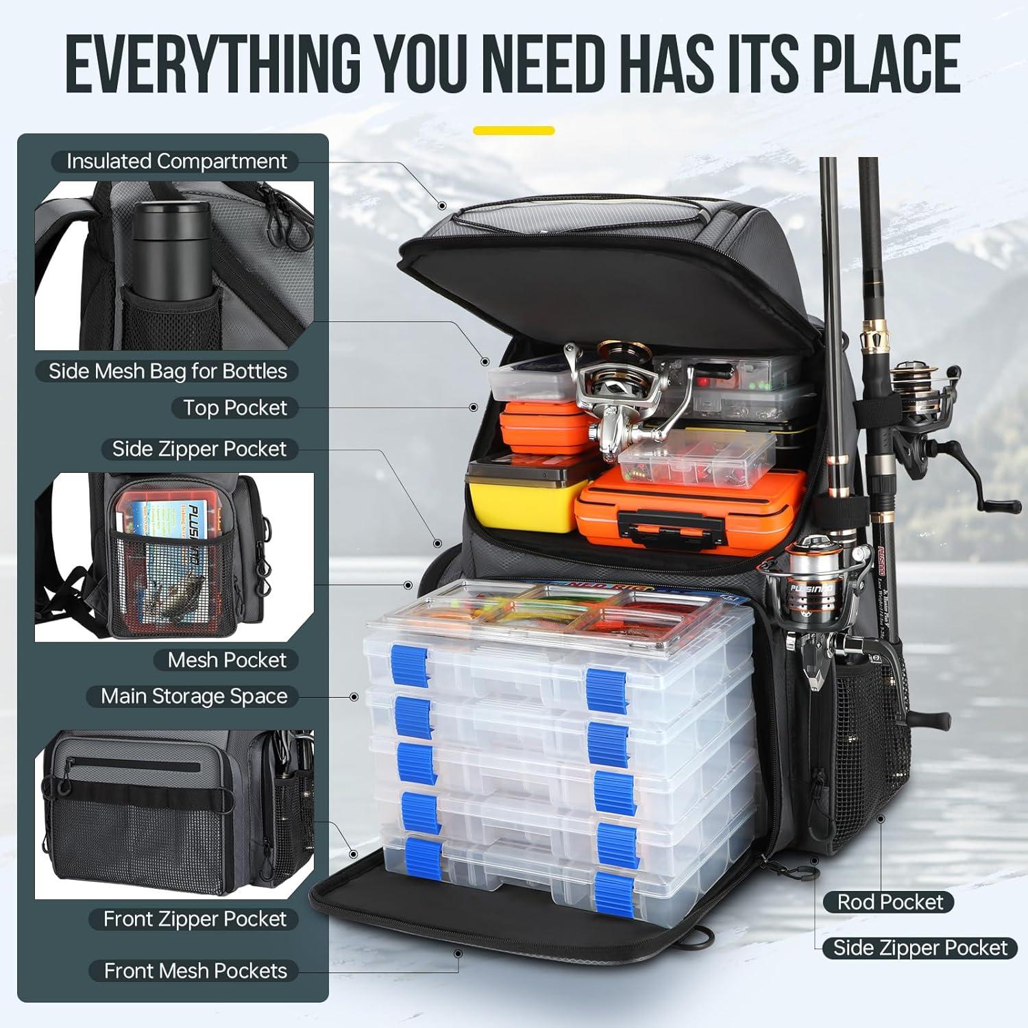 image:imagePLUSINNO Cooler Fishing Backpack with Rod Holders 45L Large Waterresistant Fishing Tackle bag Store Fishing Gear Fishing Gifts for Men Father Sport BagsGrey jacquard with box