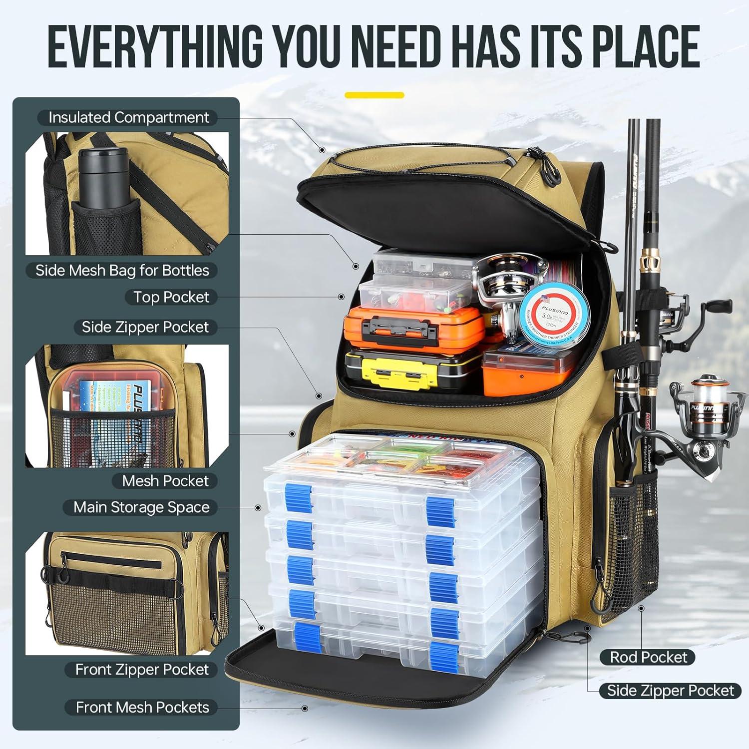 image:imagePLUSINNO Cooler Fishing Backpack with Rod Holders 45L Large Waterresistant Fishing Tackle bag Store Fishing Gear Fishing Gifts for Men Father Sport BagsKhaki