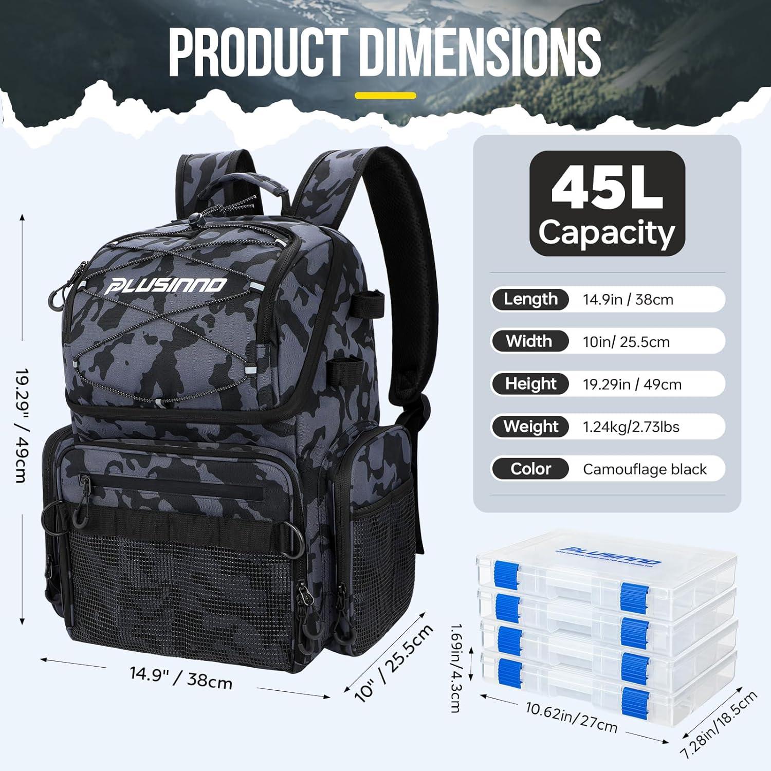 image:imagePLUSINNO Cooler Fishing Backpack with Rod Holders 45L Large Waterresistant Fishing Tackle bag Store Fishing Gear Fishing Gifts for Men Father Sport BagsBlack Camo with box