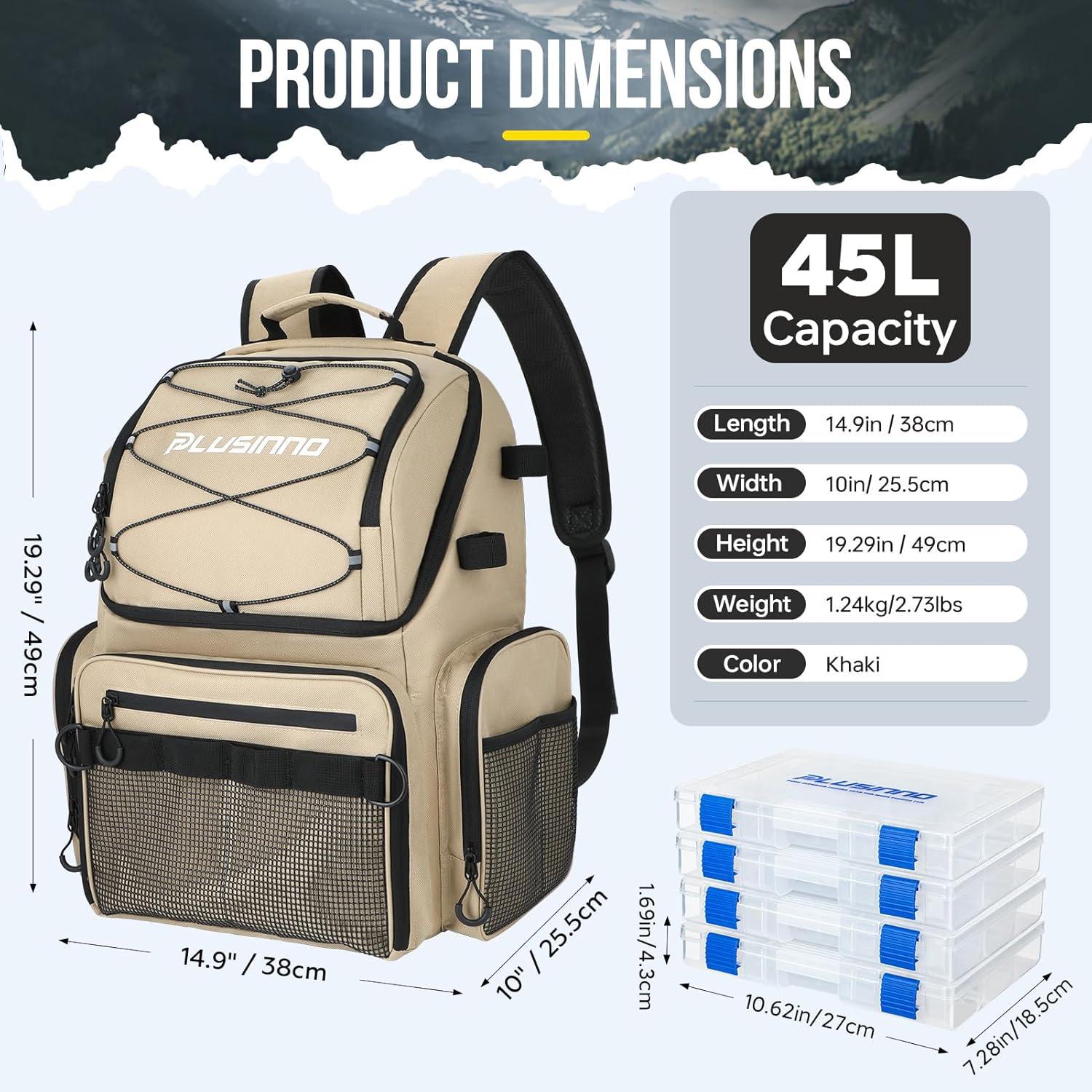 image:imagePLUSINNO Cooler Fishing Backpack with Rod Holders 45L Large Waterresistant Fishing Tackle bag Store Fishing Gear Fishing Gifts for Men Father Sport BagsKhaki with box