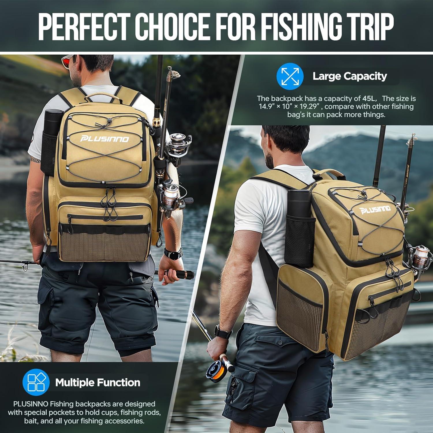 image:imagePLUSINNO Cooler Fishing Backpack with Rod Holders 45L Large Waterresistant Fishing Tackle bag Store Fishing Gear Fishing Gifts for Men Father Sport BagsKhaki