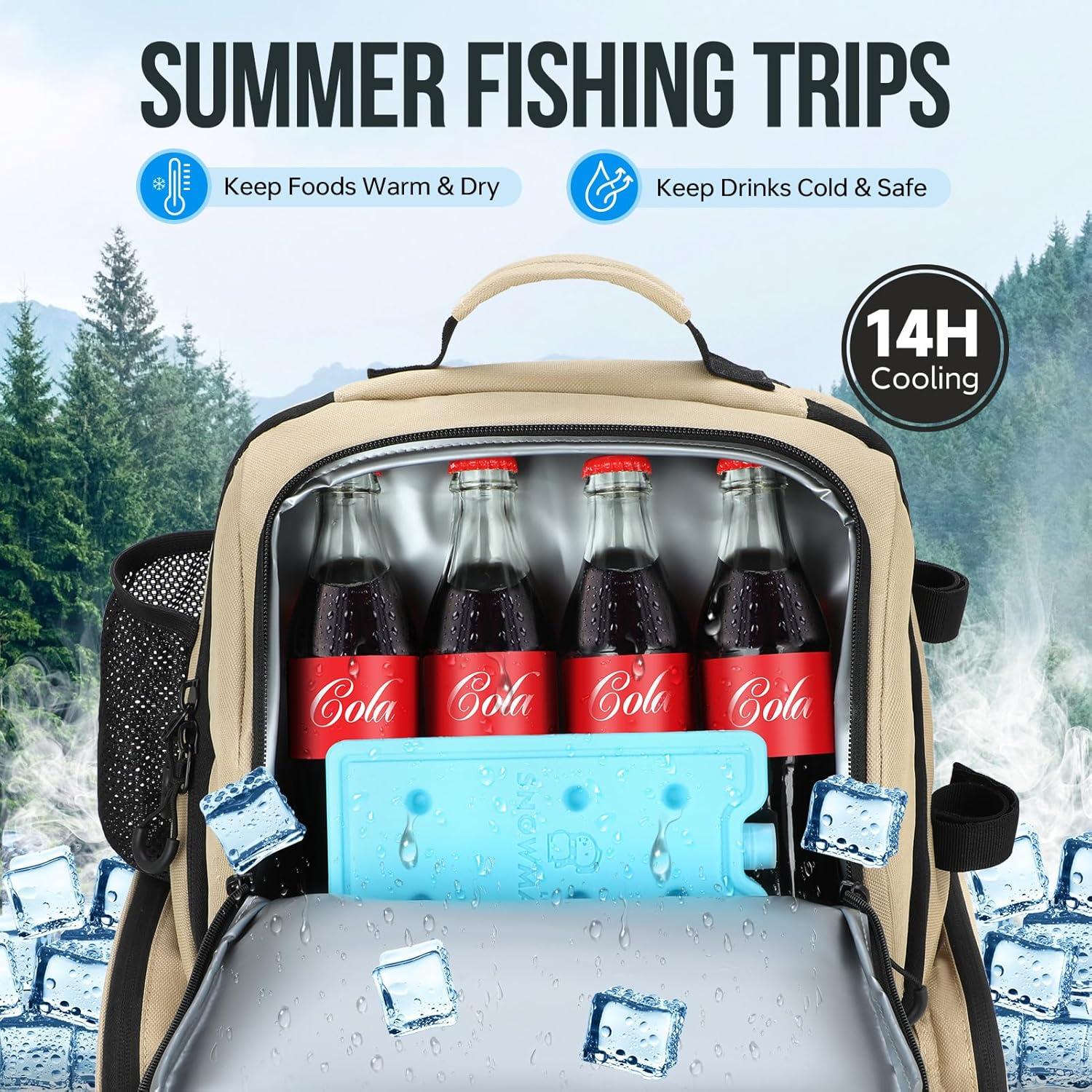 image:imagePLUSINNO Cooler Fishing Backpack with Rod Holders 45L Large Waterresistant Fishing Tackle bag Store Fishing Gear Fishing Gifts for Men Father Sport BagsKhaki