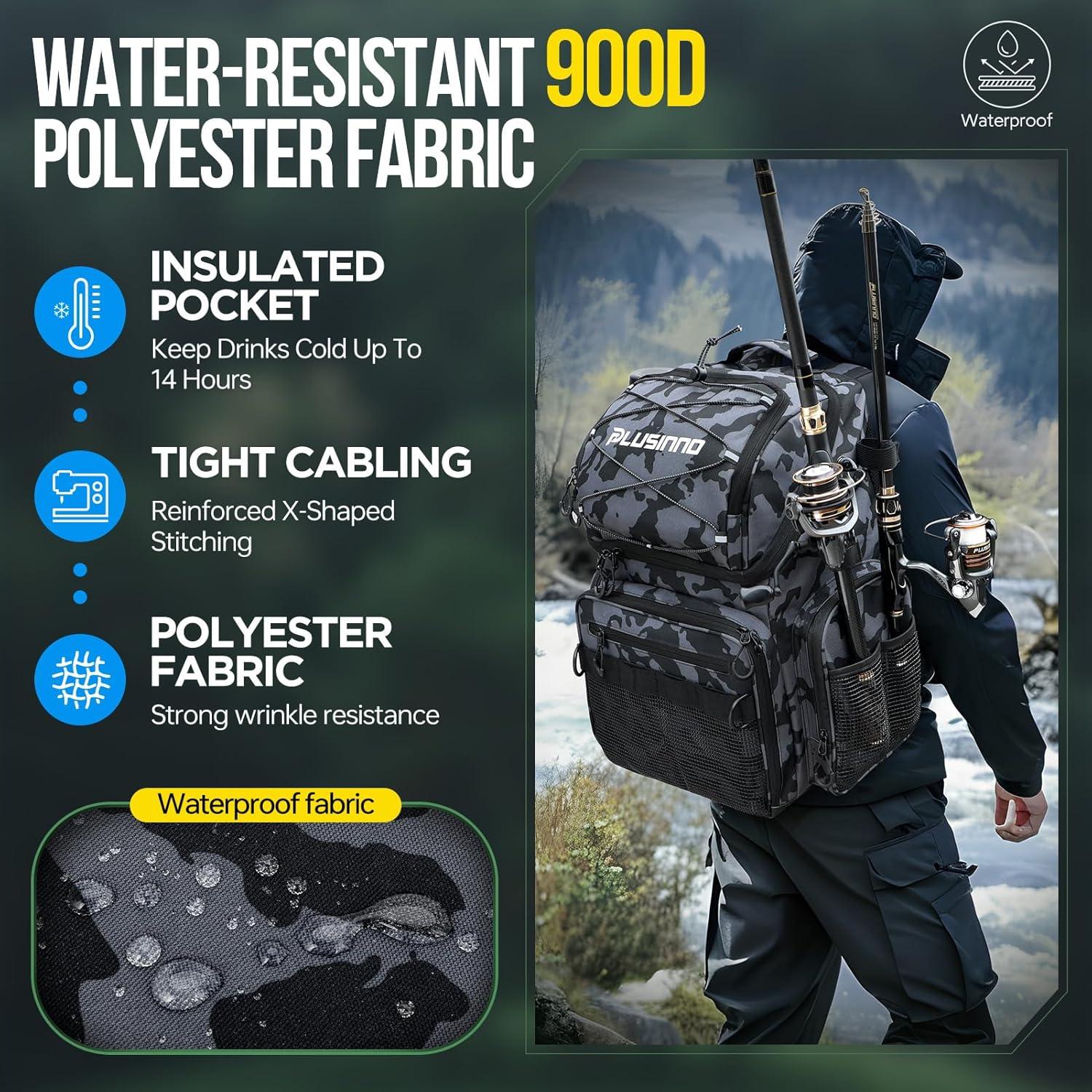 image:imagePLUSINNO Cooler Fishing Backpack with Rod Holders 45L Large Waterresistant Fishing Tackle bag Store Fishing Gear Fishing Gifts for Men Father Sport BagsBlack Camo with box