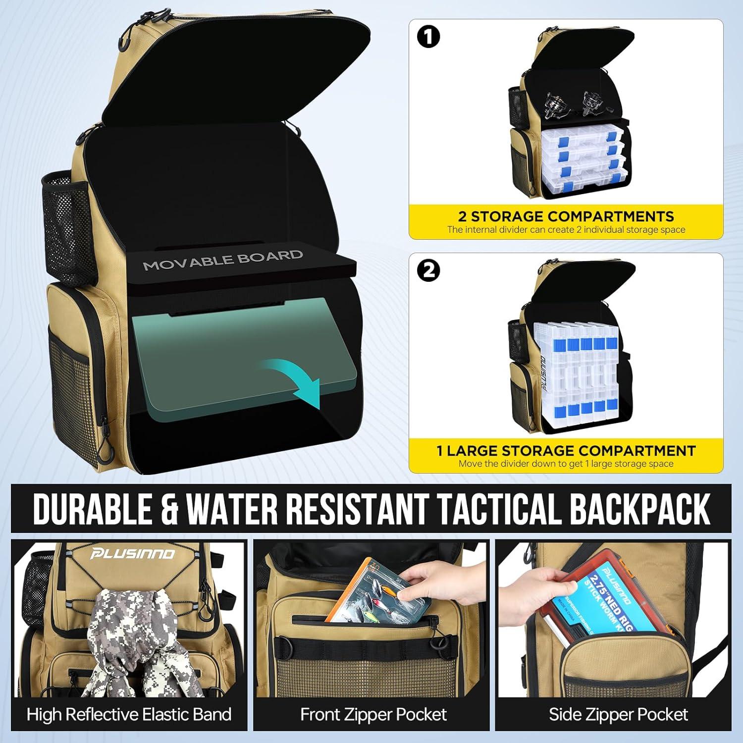 image:imagePLUSINNO Cooler Fishing Backpack with Rod Holders 45L Large Waterresistant Fishing Tackle bag Store Fishing Gear Fishing Gifts for Men Father Sport BagsKhaki