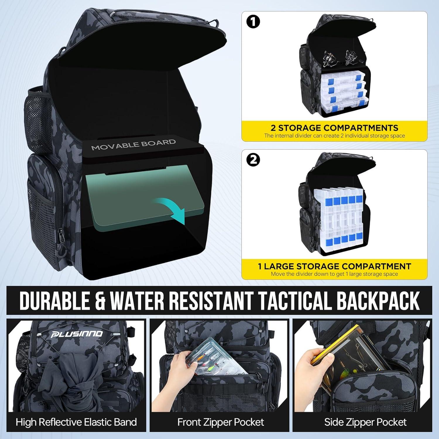 image:imagePLUSINNO Cooler Fishing Backpack with Rod Holders 45L Large Waterresistant Fishing Tackle bag Store Fishing Gear Fishing Gifts for Men Father Sport BagsBlack Camo