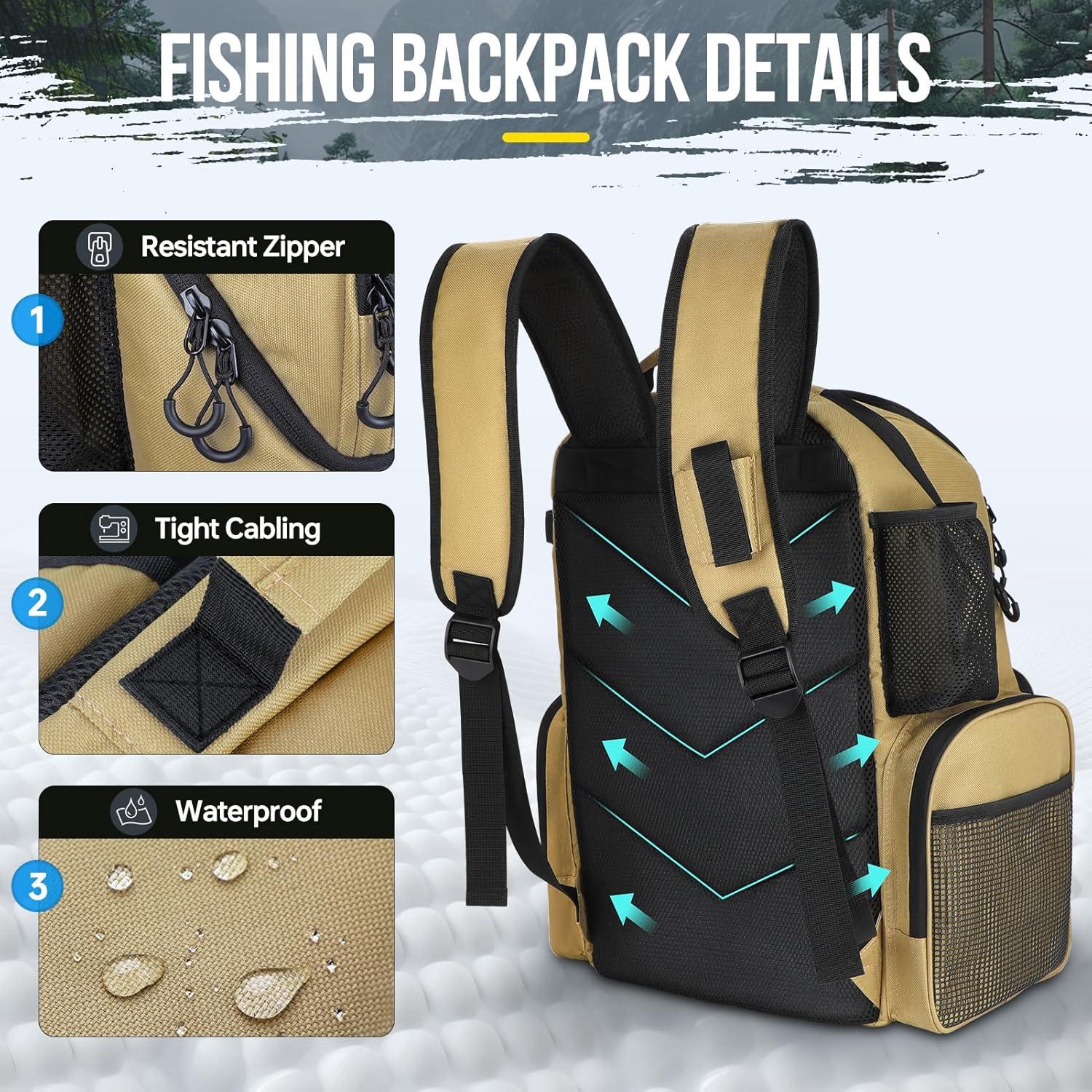 image:imagePLUSINNO Cooler Fishing Backpack with Rod Holders 45L Large Waterresistant Fishing Tackle bag Store Fishing Gear Fishing Gifts for Men Father Sport BagsKhaki