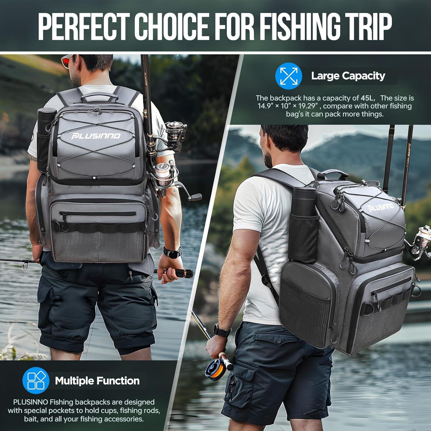 image:imagePLUSINNO Cooler Fishing Backpack with Rod Holders 45L Large Waterresistant Fishing Tackle bag Store Fishing Gear Fishing Gifts for Men Father Sport BagsGrey jacquard with box