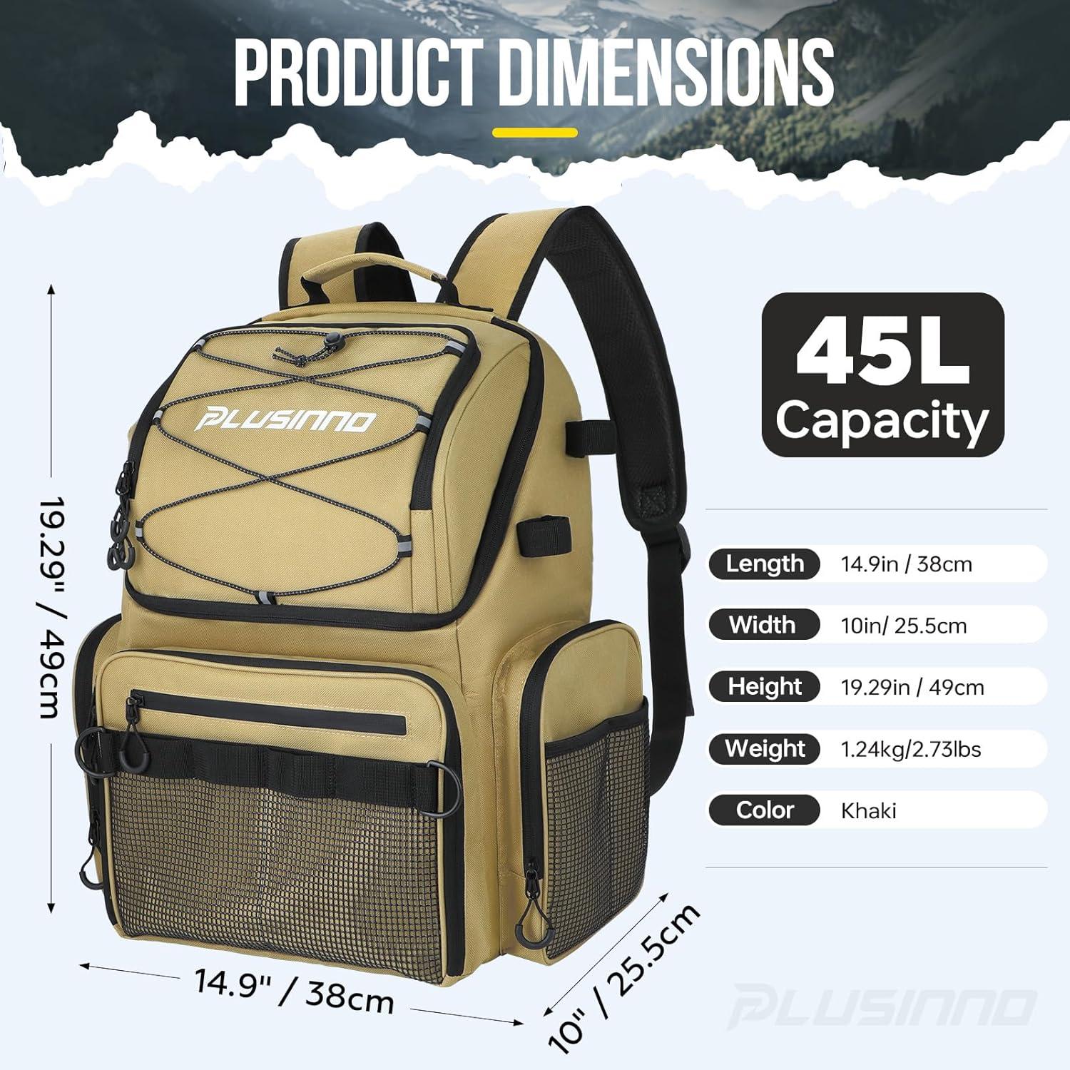 image:imagePLUSINNO Cooler Fishing Backpack with Rod Holders 45L Large Waterresistant Fishing Tackle bag Store Fishing Gear Fishing Gifts for Men Father Sport BagsKhaki