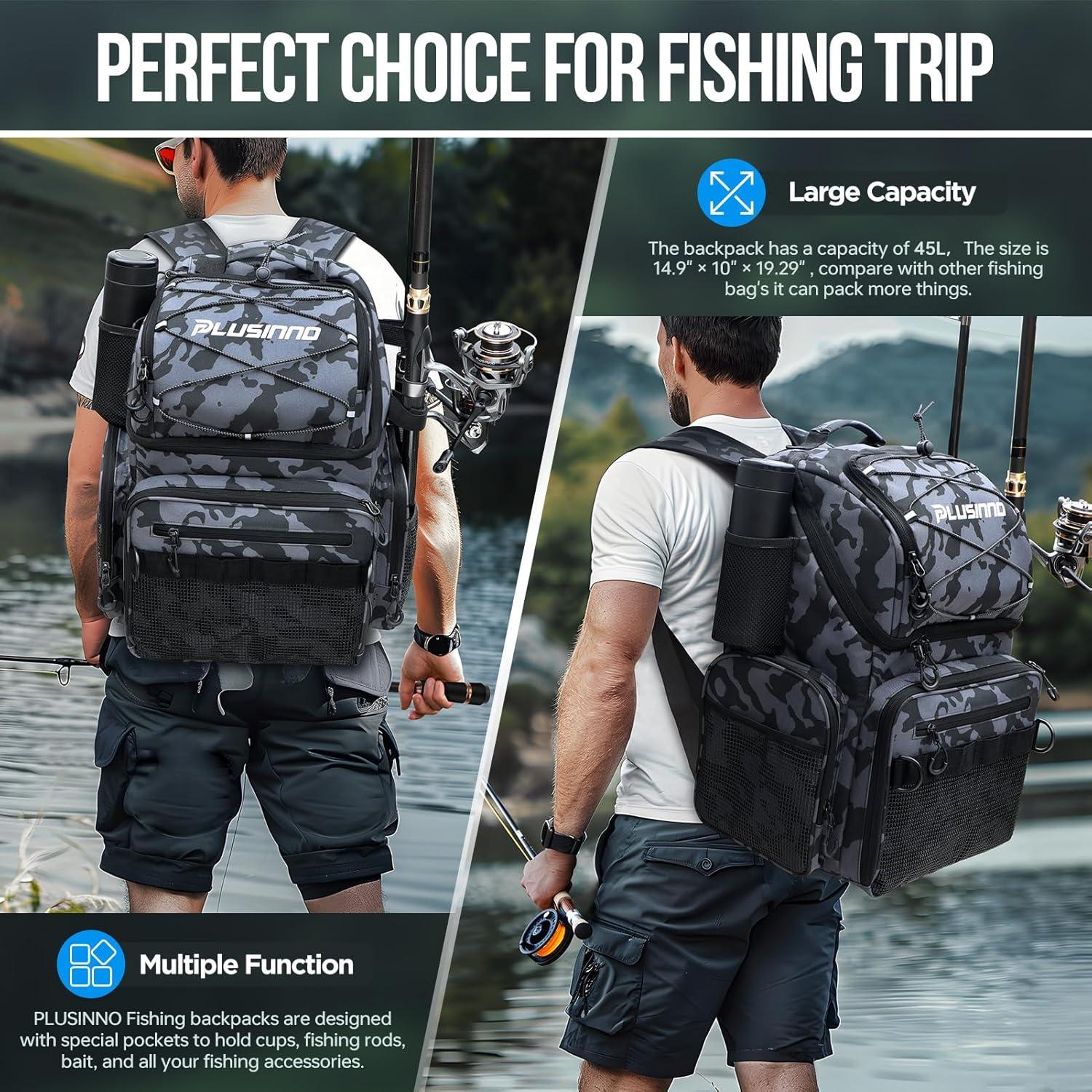 image:imagePLUSINNO Cooler Fishing Backpack with Rod Holders 45L Large Waterresistant Fishing Tackle bag Store Fishing Gear Fishing Gifts for Men Father Sport BagsBlack Camo