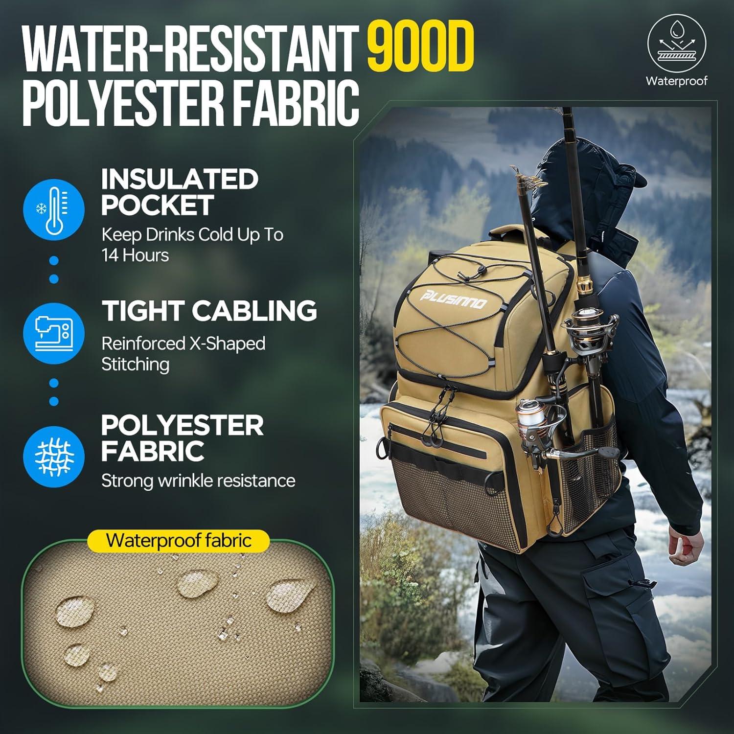 image:imagePLUSINNO Cooler Fishing Backpack with Rod Holders 45L Large Waterresistant Fishing Tackle bag Store Fishing Gear Fishing Gifts for Men Father Sport BagsKhaki