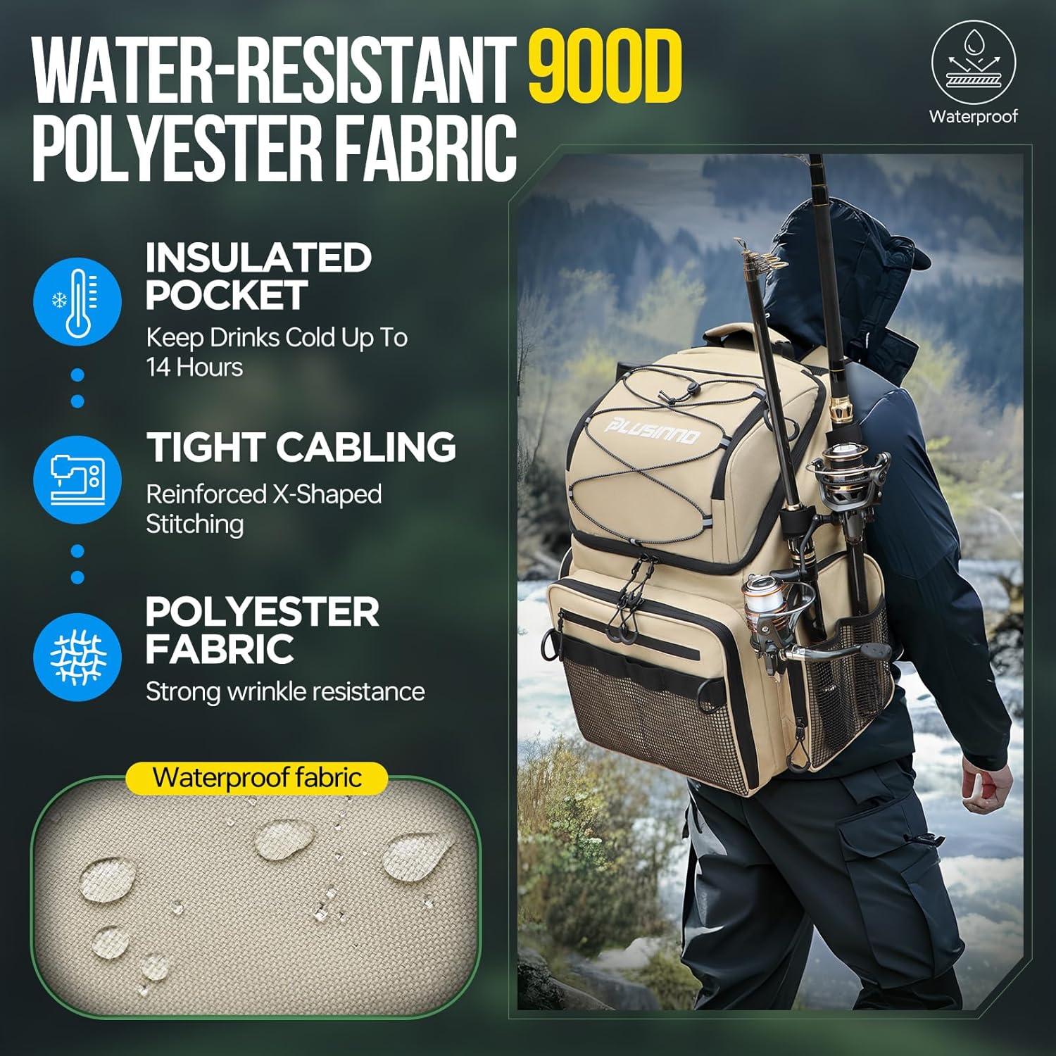 image:imagePLUSINNO Cooler Fishing Backpack with Rod Holders 45L Large Waterresistant Fishing Tackle bag Store Fishing Gear Fishing Gifts for Men Father Sport BagsKhaki with box