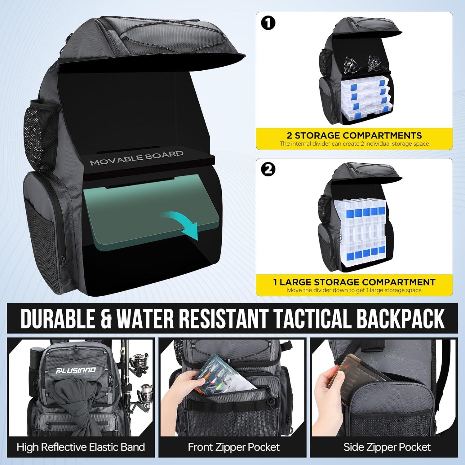 image:imagePLUSINNO Cooler Fishing Backpack with Rod Holders 45L Large Waterresistant Fishing Tackle bag Store Fishing Gear Fishing Gifts for Men Father Sport BagsGrey jacquard