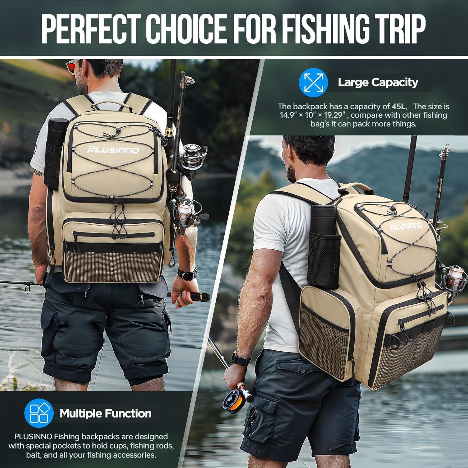 image:imagePLUSINNO Cooler Fishing Backpack with Rod Holders 45L Large Waterresistant Fishing Tackle bag Store Fishing Gear Fishing Gifts for Men Father Sport BagsKhaki with box