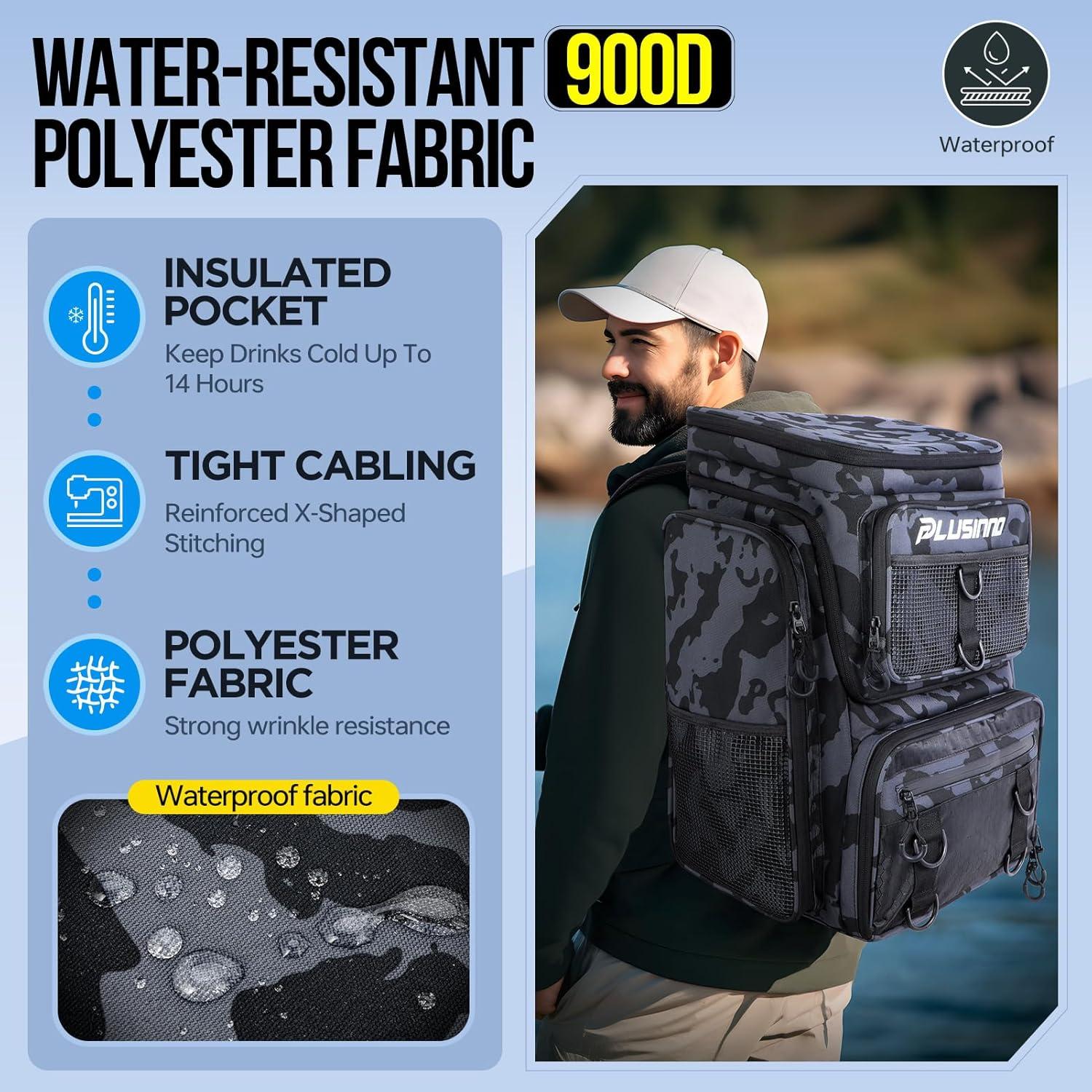 image:imagePLUSINNO Fishing Backpack with Rod Holders Tackle Box 42L Large Waterresistant Fishing Tackle Bag Store Fishing GearBlack Camo4 Tackle Boxes Included