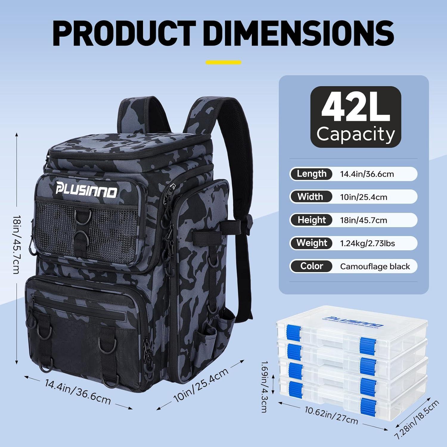 image:imagePLUSINNO Fishing Backpack with Rod Holders Tackle Box 42L Large Waterresistant Fishing Tackle Bag Store Fishing GearBlack Camo4 Tackle Boxes Included