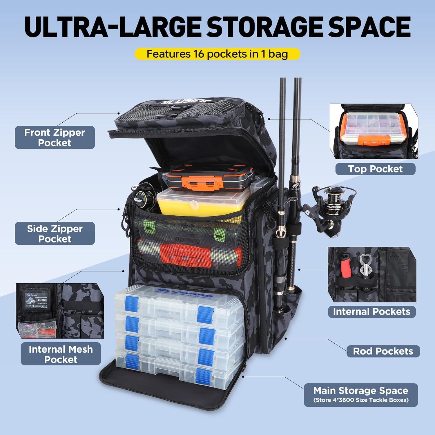 image:imagePLUSINNO Fishing Backpack with Rod Holders Tackle Box 42L Large Waterresistant Fishing Tackle Bag Store Fishing GearBlack Camo4 Tackle Boxes Included
